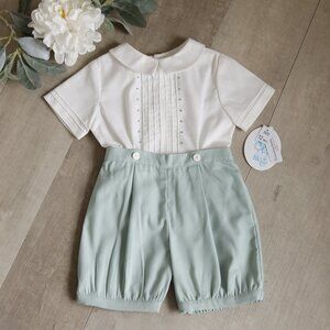 Boys Dressy Bobby Suit Sage Green Pintucks Embroidery Boutique Luli & Me NWT